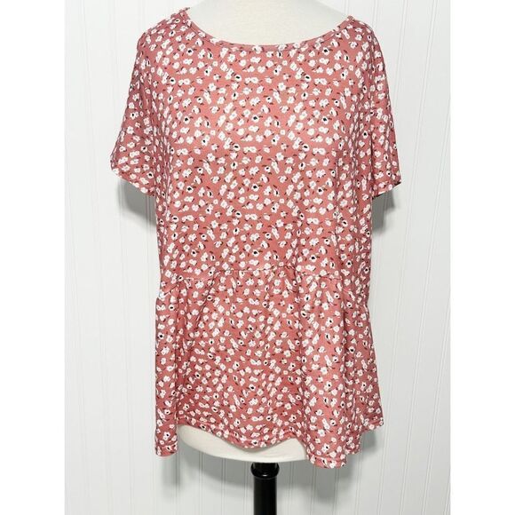 Hibluco Women's Floral Print Short Sleeve Peplum Top Tunic Blouse Coral Pink XL - Picture 10 of 10